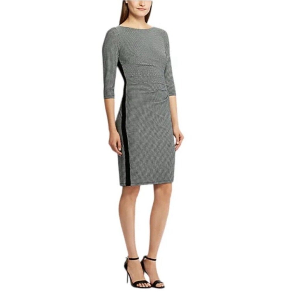 Lauren Ralph Lauren Houndstooth Ruched Knee Length Half Sleeve Dress Womens Sz 4